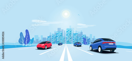 Plakat Traffic on the highway panoramic perspective horizon vanishing point view. Flat vector cartoon style illustration urban landscape motorway with cars, skyline city buildings and road going to the city.