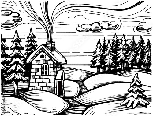 Hand drawing sketch of winter landscape