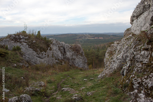 Jurassic Krakow-Czestochowa Upland. Rocky limestone massif mountain landscape on a sunny day.