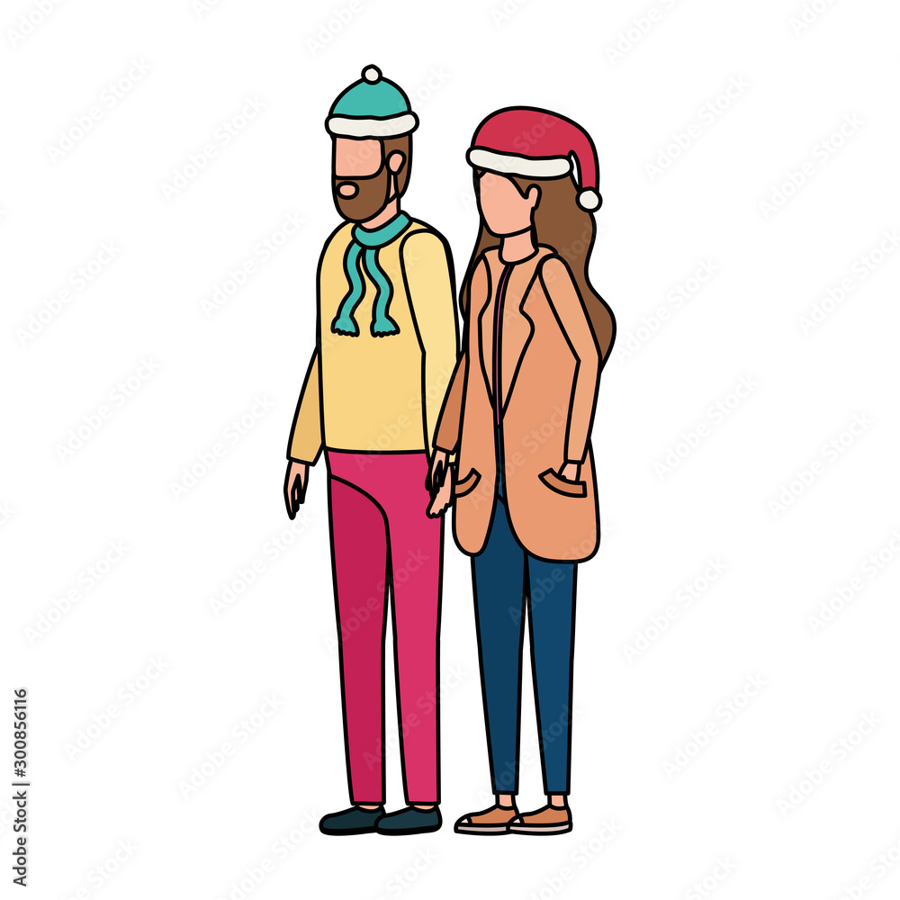 young lovers couple with christmas hat characters young lovers couple with christmas hat characters