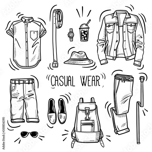 Hand drawn set of men's summer casual wear sketches: shirt, jeans jacket, linen chino pants, jeans shorts, boots espadrilles, watches, straw fedora hat, belt and backpack. Vector isolated outline