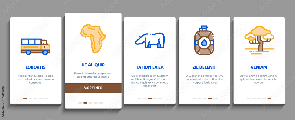 Safari Travel Onboarding Mobile App Page Screen Vector Thin Line. Animal And Africa, Car And Tree, Human Silhouette And Hat Safari Adventure Concept Linear Pictograms. Contour Illustrations
