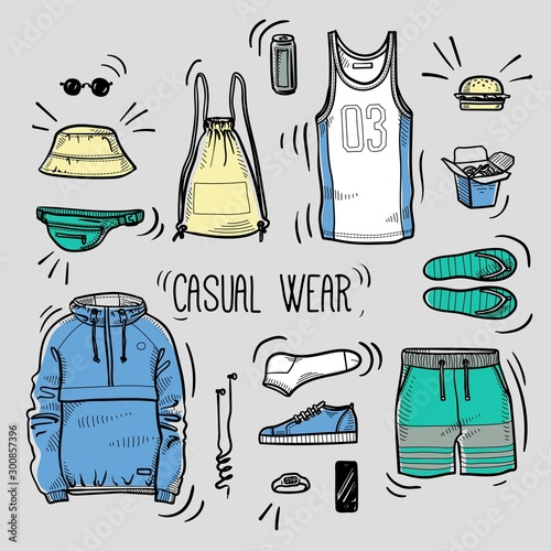 Hand drawn set of men's casual wear sketches: sport tank top, shorts, anorak jacket, shoes, socks, panama hat, backpack, watches, headphones and street food. Vector isolated outline colored