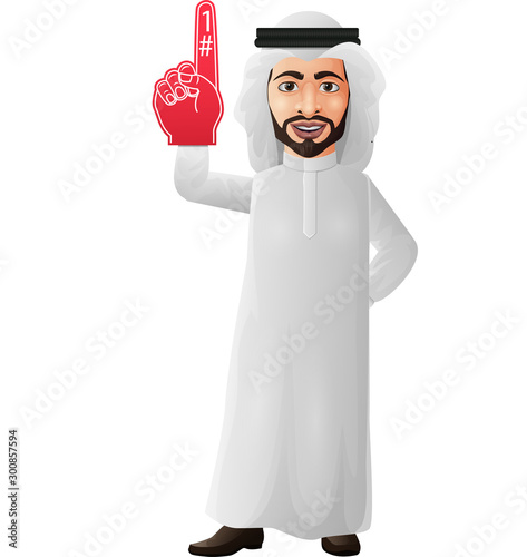 Arab businessman showing number one with foam finger