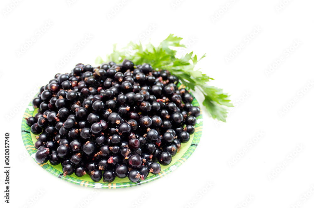Black currant on a plate ms green leaves. Background. Photo.
