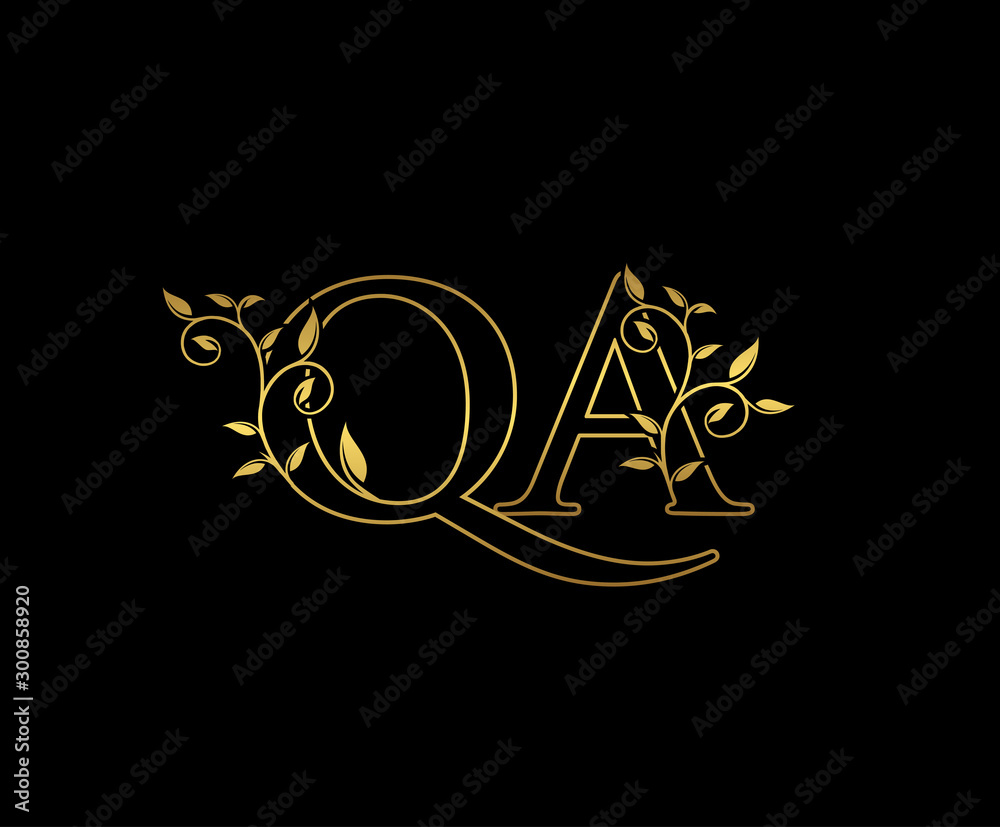 Gold letter Q and A, QA vintage decorative ornament emblem badge ...