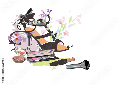 Set of makeup elements and shoes for fashion look. Accessories and flowers. Hand drawn vector illustration.