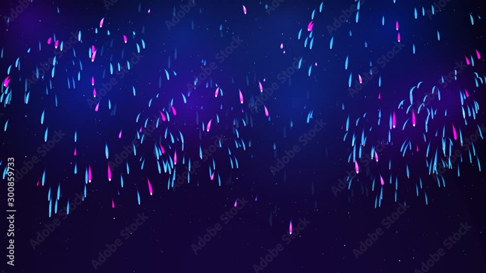 Bright fireworks in the night sky with stars. Beautiful festive sky for bright design. Colorful fireworks on a dark blue background. Animated background, seamless loop