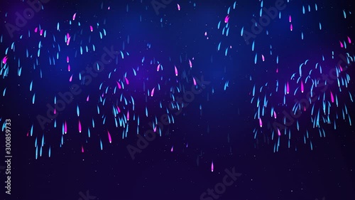 Bright fireworks in the night sky with stars. Beautiful festive sky for bright design. Colorful fireworks on a dark blue background. Animated background, seamless loop
