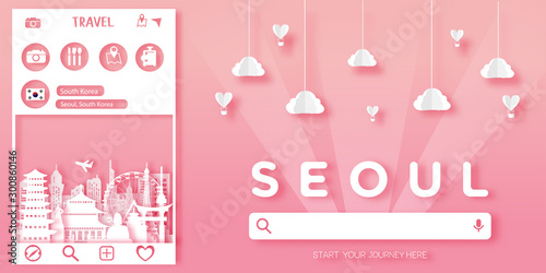 Seoul, South Korea Travel postcard , poster, tour advertising of world famous landmarks in paper cut style.