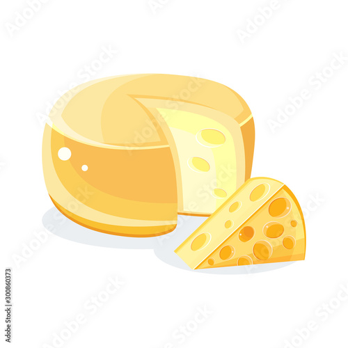 A large round yellow cheese with a cut square piece in the vector. Cartoon illustration of healthy dairy products. Icon farm products. Flat milk food symbol for web site design, mobile app.