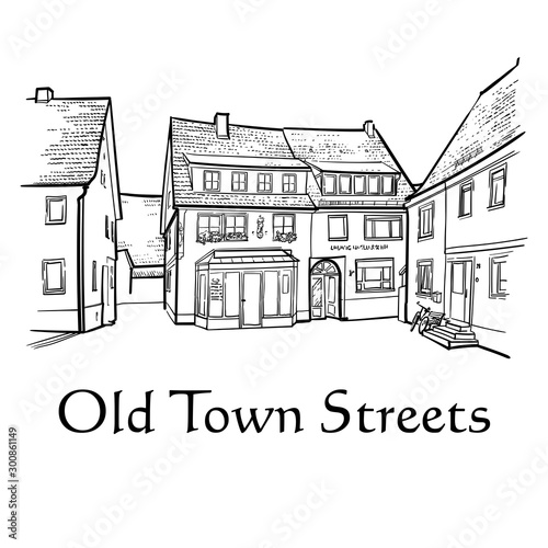 Old town street sketch. European cityscape. Vector illustration of city buildings in hand drawn style. Isolated on white background. Picture for decoration and coloring