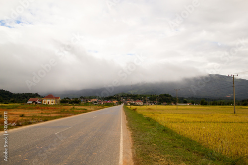 toward road and rice field to mountain against cloudy sky