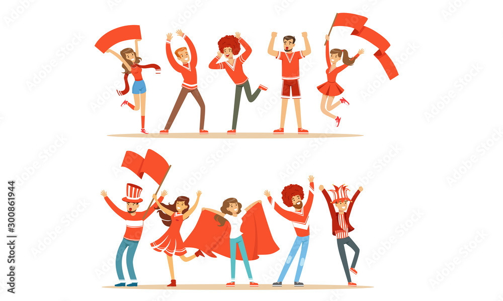 Fans Group In Red Outfits Supporting Their Favorite Sports Team Vector Illustration Set Isolated On White Background Fans Group In Red Outfits Supporting Their Favorite Sports Team Vector Illustration Set Isolated On White Background