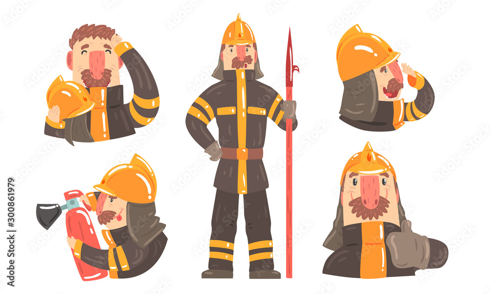Cartoon Male Fireman Character In Different Actions With Tools Illustration Set Isolated On White Background Cartoon Male Fireman Character In Different Actions With Tools Illustration Set Isolated On White Background