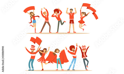 Fans Group In Red Outfits Supporting Their Favorite Sports Team Vector Illustration Set Isolated On White Background