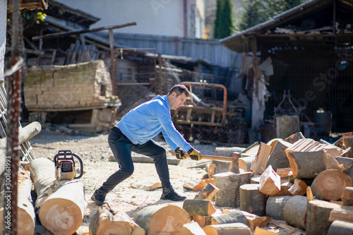 Lumberjack splitting beech wood logs for firewood