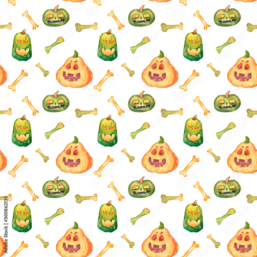 watercolor pattern with different pumpkins and bones on a white background. Great for packaging design, textiles and printing. watercolor pattern with different pumpkins and bones on a white background. Great for packaging design, textiles and printing.