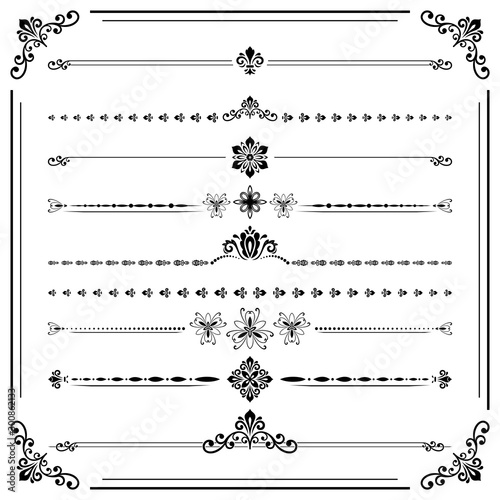 Vintage set of decorative elements. Horizontal separators in the frame. Collection of black different ornaments. Classic patterns. Set of vintage patterns