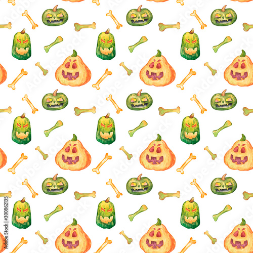 Fototapeta Naklejka Na Ścianę i Meble -  watercolor pattern with different pumpkins and bones on a white background. Great for packaging design, textiles and printing.