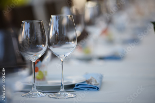 Many different glasses on the wedding table
