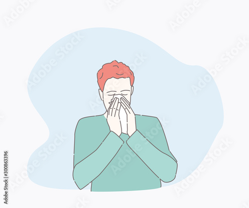 symptoms of a cold patient. hand drawn style vector design illustrations. runny nose character. Health And Pain. the guy is sick