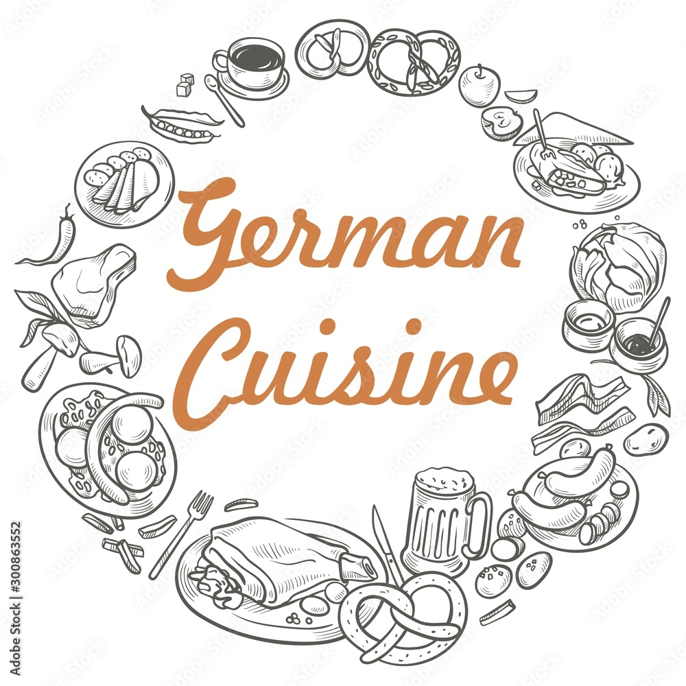 German cuisine frame. A set of German traditional dishes with meat dishes, beer, pretzels, sausages, strudel etc. Restaurant menu design template. Hand drawn sketch style vector illustration. 