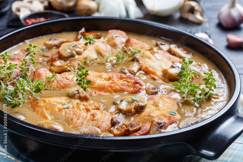 close-up of Chicken Marsala in a dish