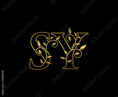 Golden letter S and Y, SY vintage decorative ornament emblem badge, overlapping monogram logo, elegant luxury gold color on black background.