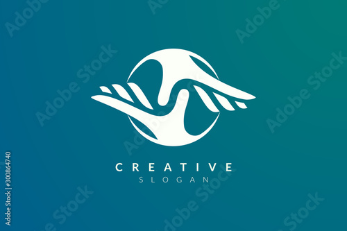 Vector design of a combination of circle letters with two hands reaching together