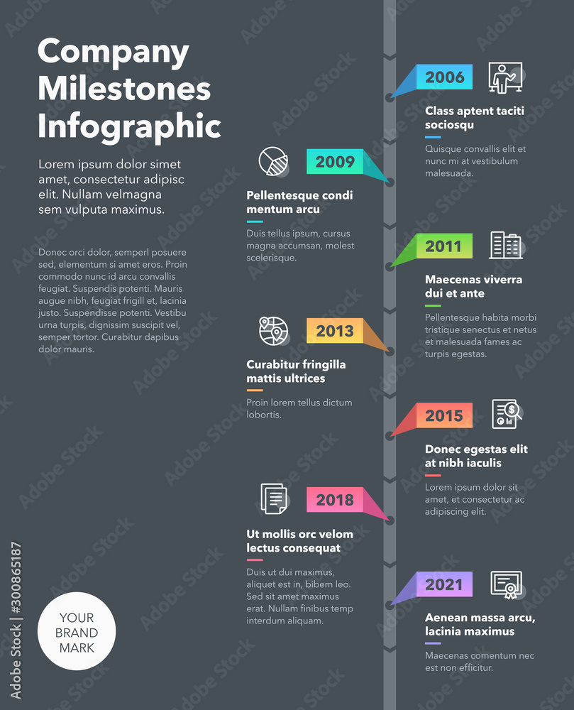 Modern business infographic for company milestones timeline template with line icons - dark version. Easy to use for your website or presentation. - obrazy, fototapety, plakaty 