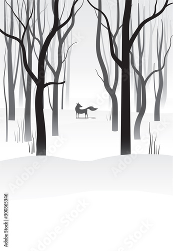 Winter landscape with fox silhouette