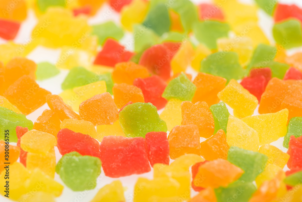 close up view of colorful delicious candied fruit isolated on white close up view of colorful delicious candied fruit isolated on white