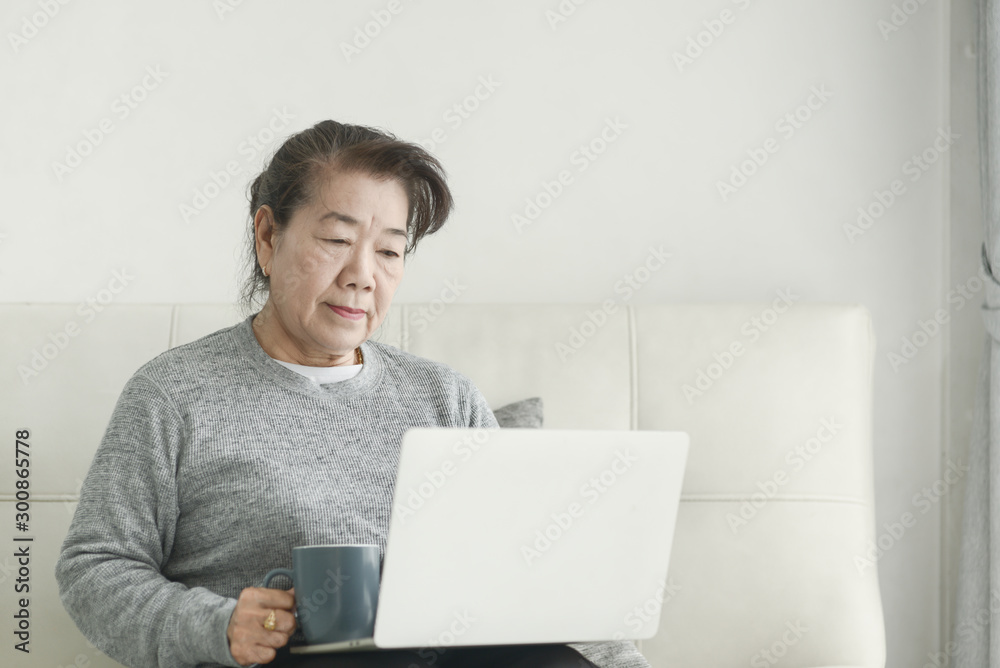 Asian senior woman using laptop at home, lifestyle concept. Asian senior woman using laptop at home, lifestyle concept.