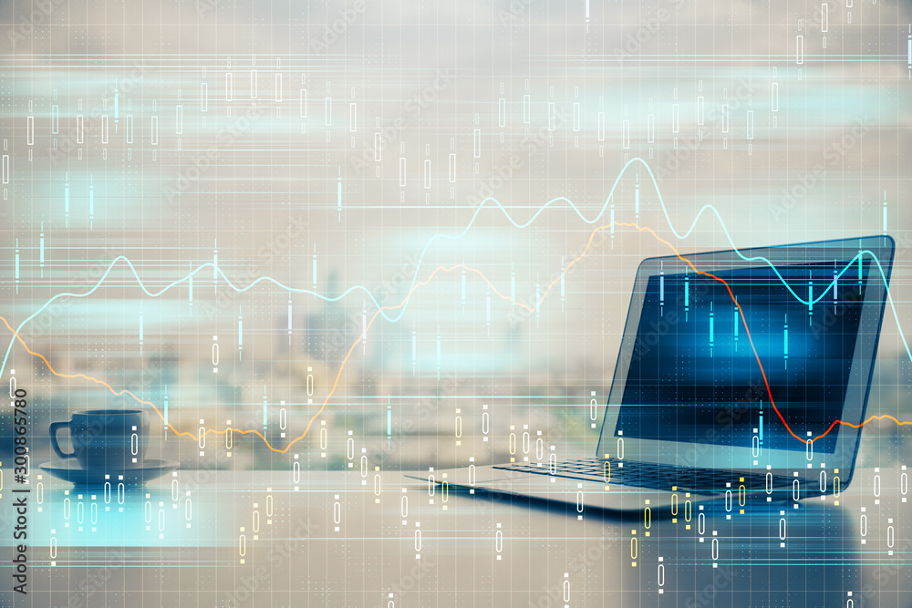 Forex market chart hologram and personal computer background. Multi exposure. Concept of investment. Forex market chart hologram and personal computer background. Multi exposure. Concept of investment.