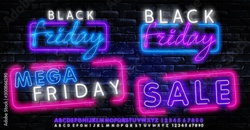 Black Friday neon label. Set of isolated neon sign for Black Friday. Neon logos on transparent background. Vector illustration