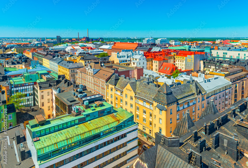 Aerial panorama of Helsinki, Finland. Historical and modern buildings in the central part of the city