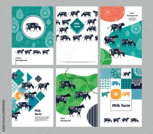 Agricultural brochure layout design. An example of a backdrop for cattle farm. Silhouettes of cows with floral ornament.