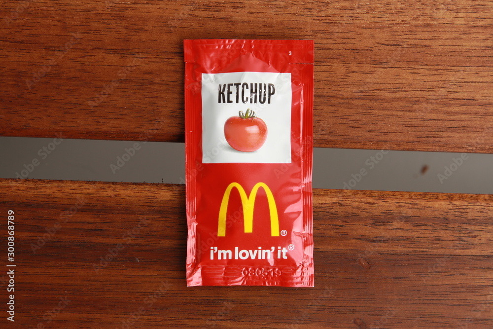Saragossa Spain. September 18, 2018, McDonald's ketchup sachet
