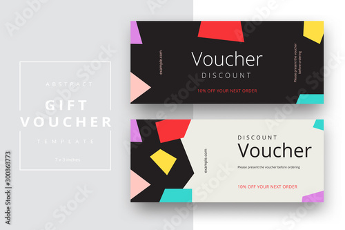 Abstract gift voucher card template. Modern discount coupon or certificate layout with geometric shape pattern. Vector fashion bright background design with information sample text.