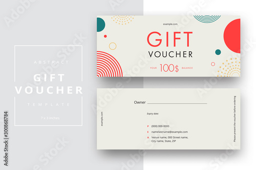Abstract gift voucher card template. Modern discount coupon or certificate layout with geometric shape pattern. Vector fashion bright background design with information sample text. photo