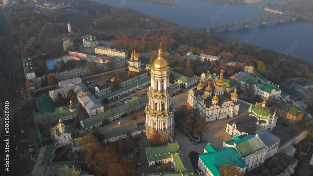 Aerial view of Kiev Pechersk Lavra in autumn, Kiev, Kyiv, Ukraine. Kyiv-Pechersk Lavra on a hill on the banks of Dnipro river. Drone footage Aerial view of Kiev Pechersk Lavra in Kyiv Kiev, Ukraine.