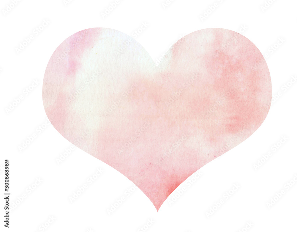 Multicolored hand drawn watercolor pink, white, sweet heart isolated on white background. Gradient textured brush element for Valentine's Day card, T-shirt design, illustration.