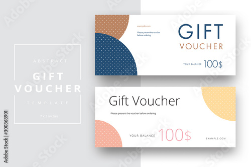 Abstract gift voucher card template. Modern discount coupon or certificate layout with geometric shape pattern. Vector fashion bright background design with information sample text.