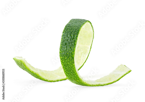 Lime fruit peel isolated on white background. Lime twist. Lime skin.