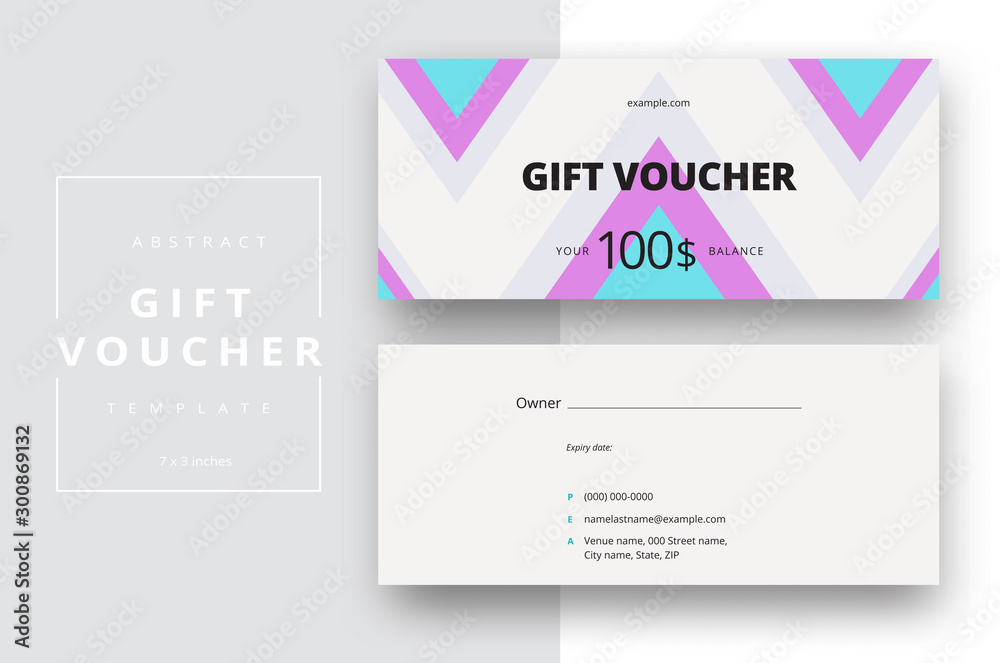 Abstract gift voucher card template. Modern discount coupon or certificate layout with geometric shape pattern. Vector fashion bright background design with information sample text. Abstract gift voucher card template. Modern discount coupon or certificate layout with geometric shape pattern. Vector fashion bright background design with information sample text.