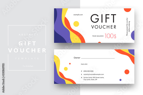 Abstract gift voucher card template. Modern discount coupon or certificate layout with geometric shape pattern. Vector fashion bright background design with information sample text.