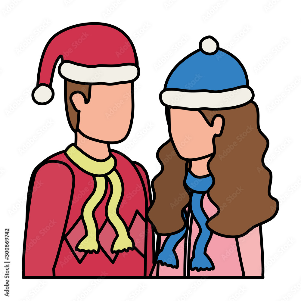 young lovers couple with christmas hat characters young lovers couple with christmas hat characters