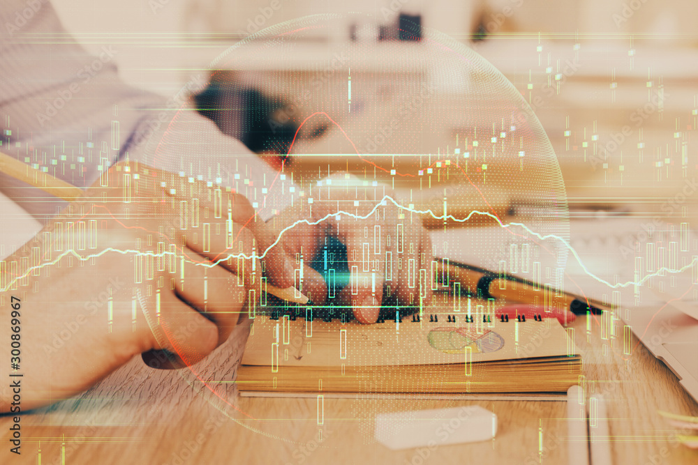 Multi exposure closeup hands with stock market forex graph. Multi exposure closeup hands with stock market forex graph.