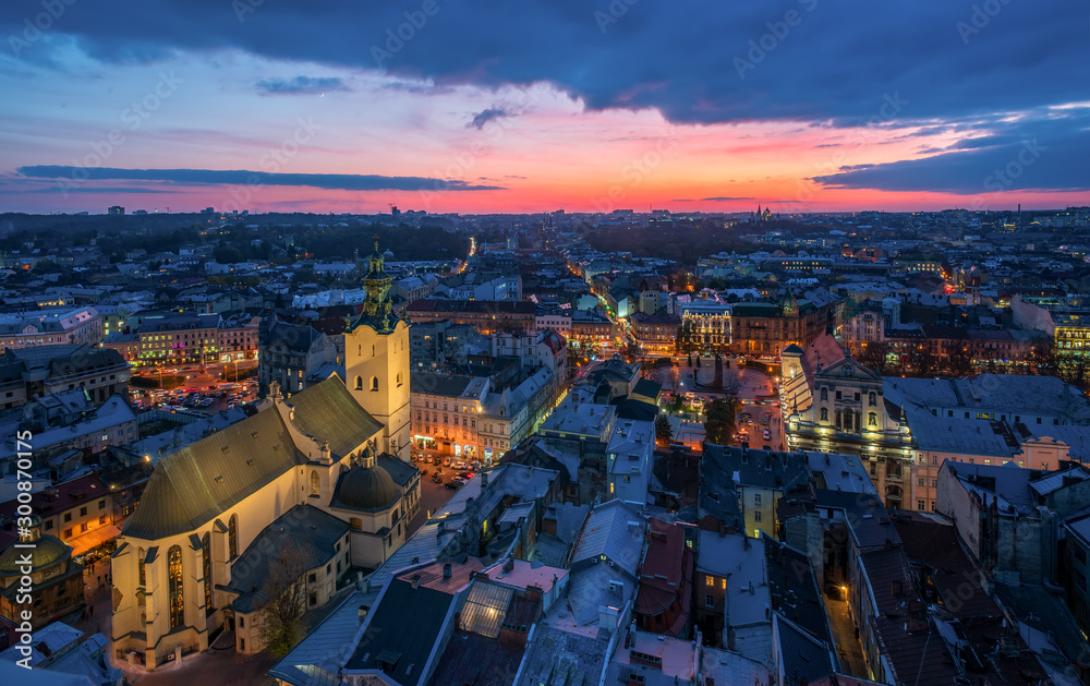 Aerial panoramic view of historical city center at twilight, Lviv, Ukraine. UNESCO world heritage site